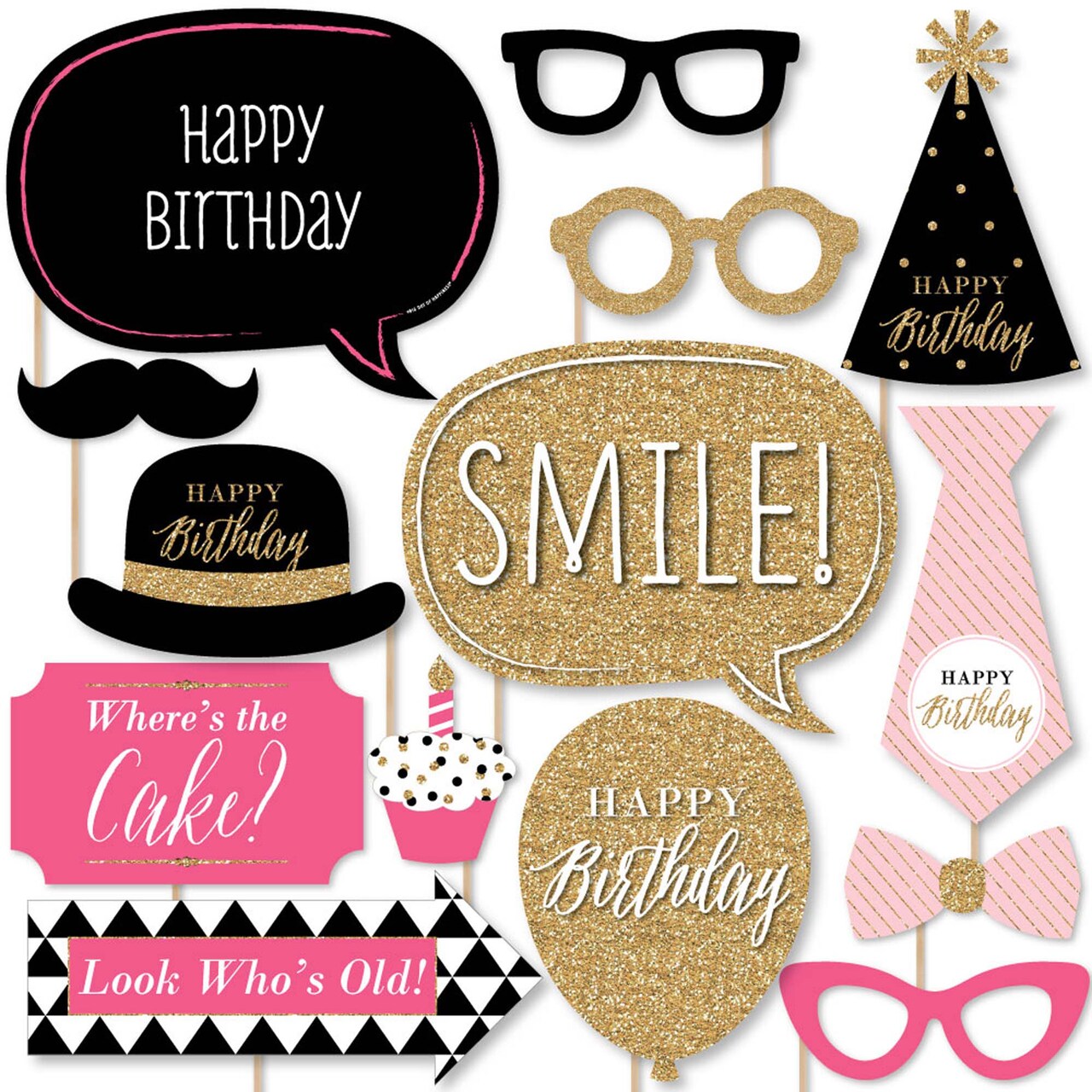 Big Dot of Happiness Chic Happy Birthday - Pink, Black and Gold - Birthday Photo Booth Props Kit - 20 Count